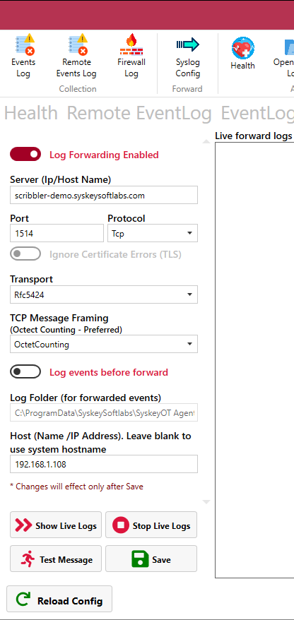 Syslog Config Tab